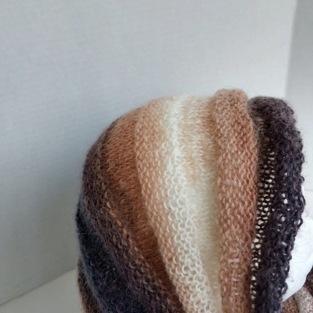 Cowl Scarf Hand Crafted Thin Knit Brown Tan Cream Stripes Hooded Winter Stripes